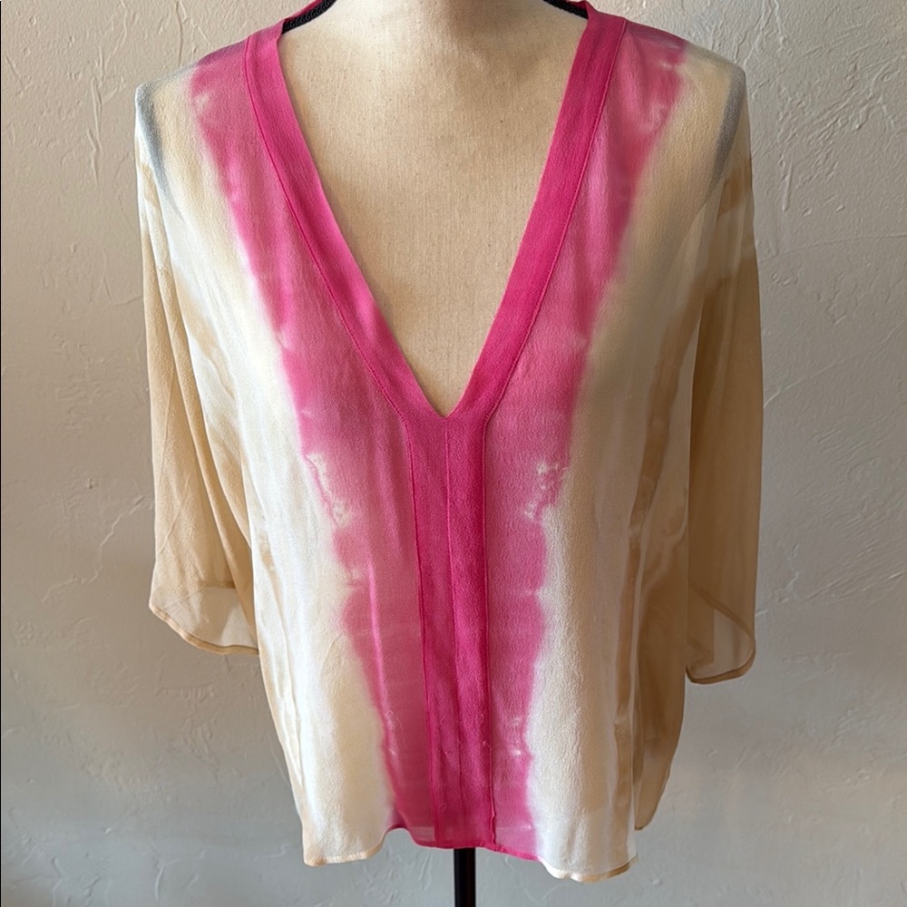 Pink and Cream Sheer V-Neck Blouse